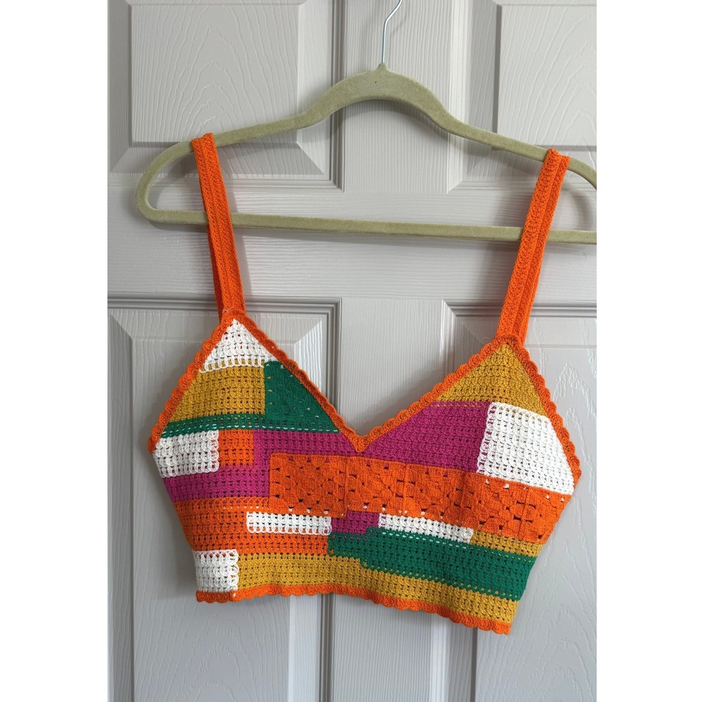 Crochet Crop Top Women Large Multicolor Patchwork Boho Festival Beach Summer 70s